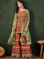 Sangria Printed Straight Kurta Sharara With Jacket Set | Grocsy