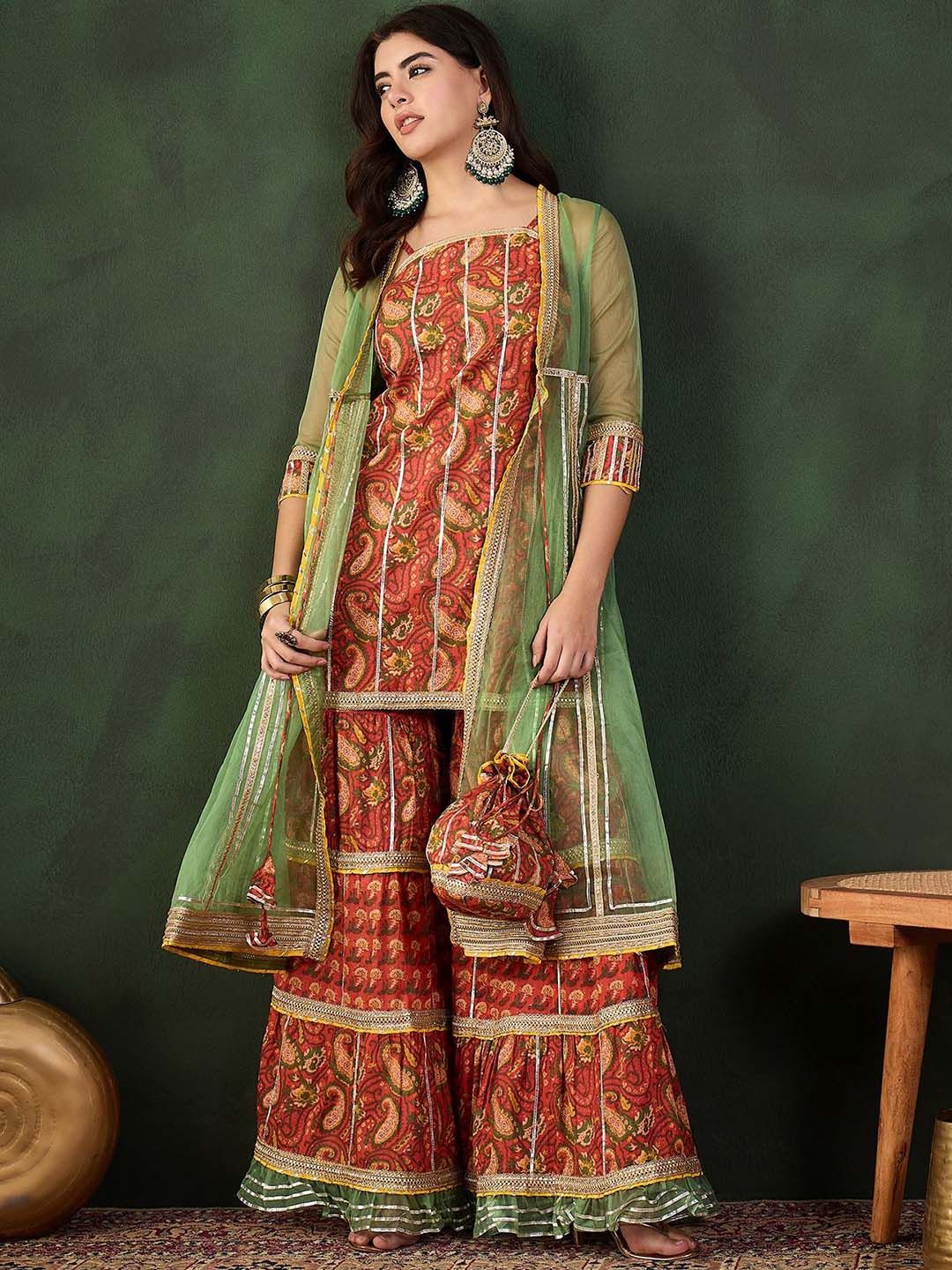 Sangria Printed Straight Kurta Sharara With Jacket Set | Grocsy