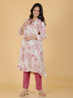 Aramya Pink Linen Cotton Foliage Print High Low Kurta Set for Women | Grocsy