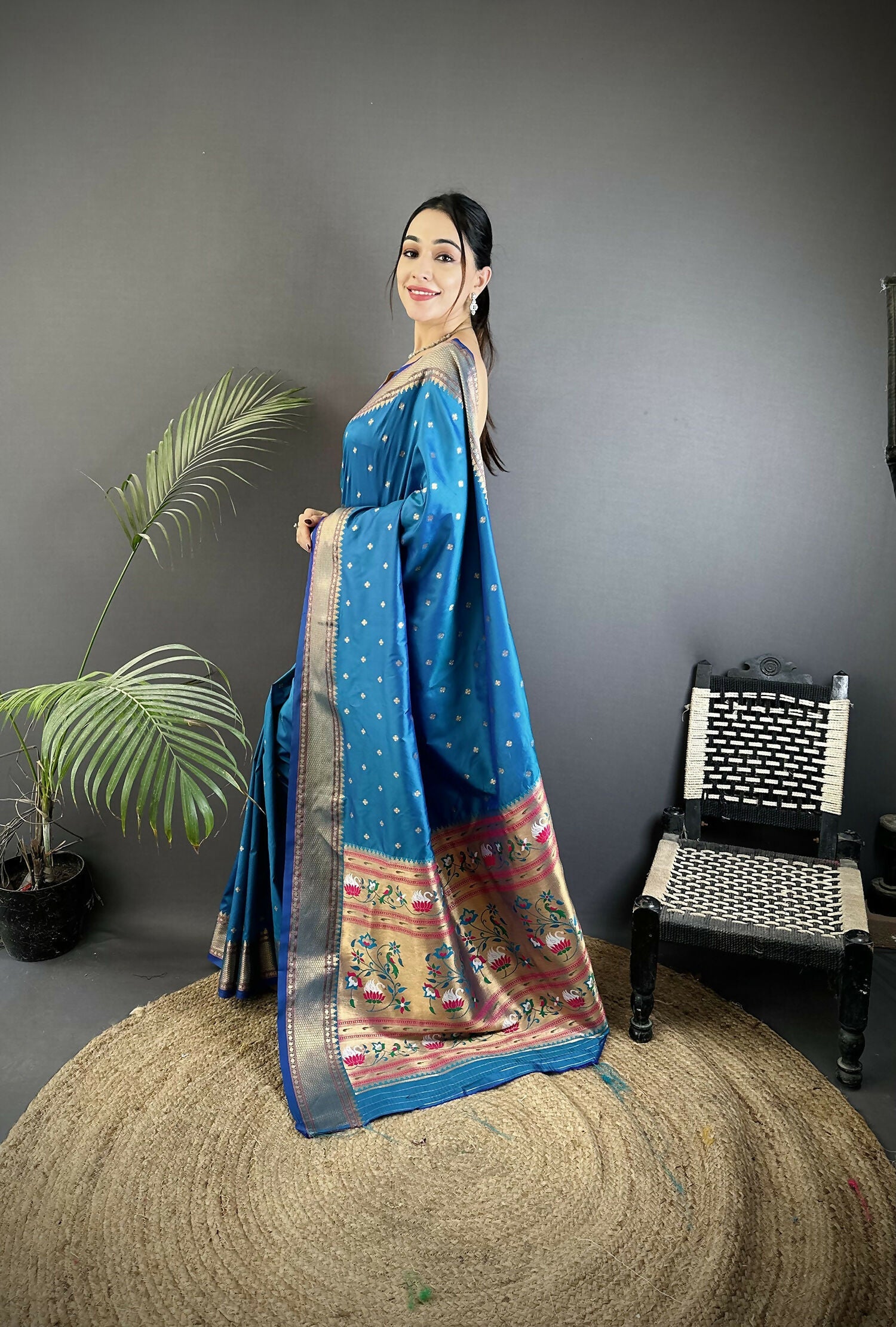 Joban Fashion Blue Butti Woven Soft Lichi Silk Paithani Saree | Grocsy