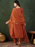 Sangria Gotta Work Embroidered A-Line Kurta & Trouser With Dupatta | Grocsy