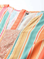 Ahalyaa Coral Orange & Blue Candy Striped Basic Jumpsuit | Grocsy