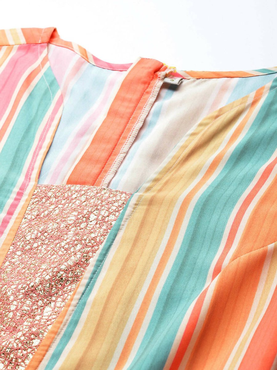 Ahalyaa Coral Orange & Blue Candy Striped Basic Jumpsuit | Grocsy