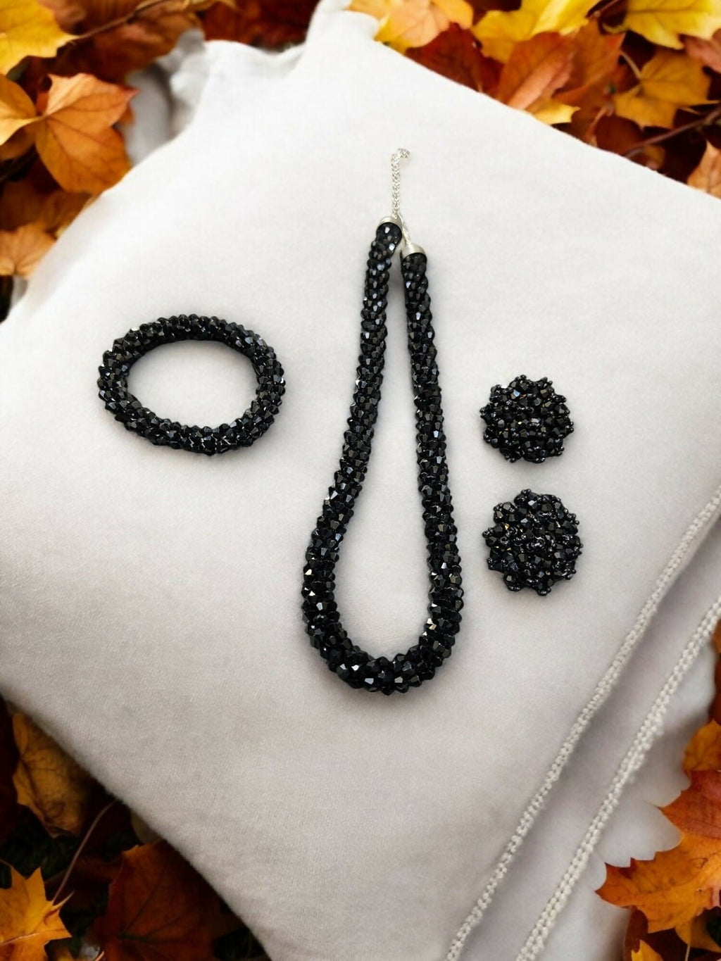 Inhanns Complete Look Crystal Statement 3-Piece Set (Adjustable Necklace + Earrings + Adjustable Bangle ) - Black | Grocsy