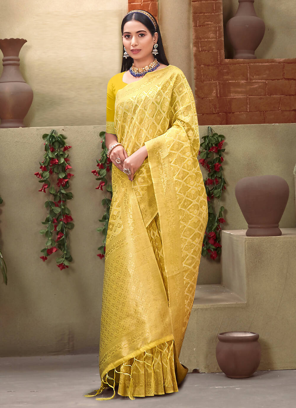 Yellow Cotton Zari Woven Design Saree with Unstitched Blouse Piece - Aachal | Grocsy