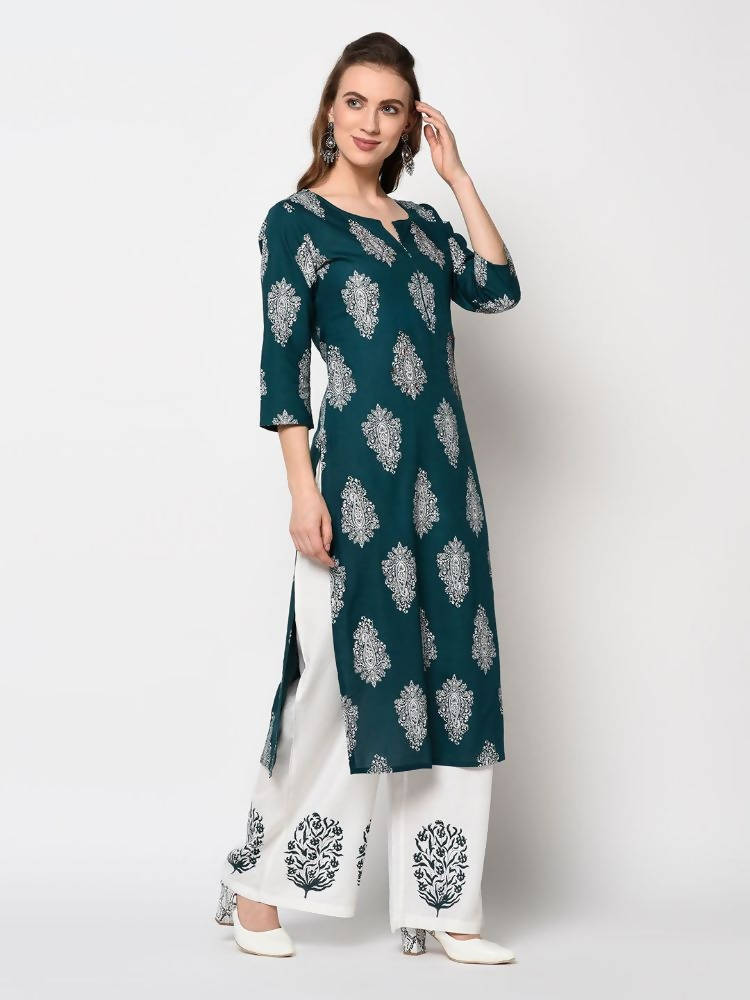 Yufta Teal Block Print Kurta with palazzo and Dupatta Set | Grocsy