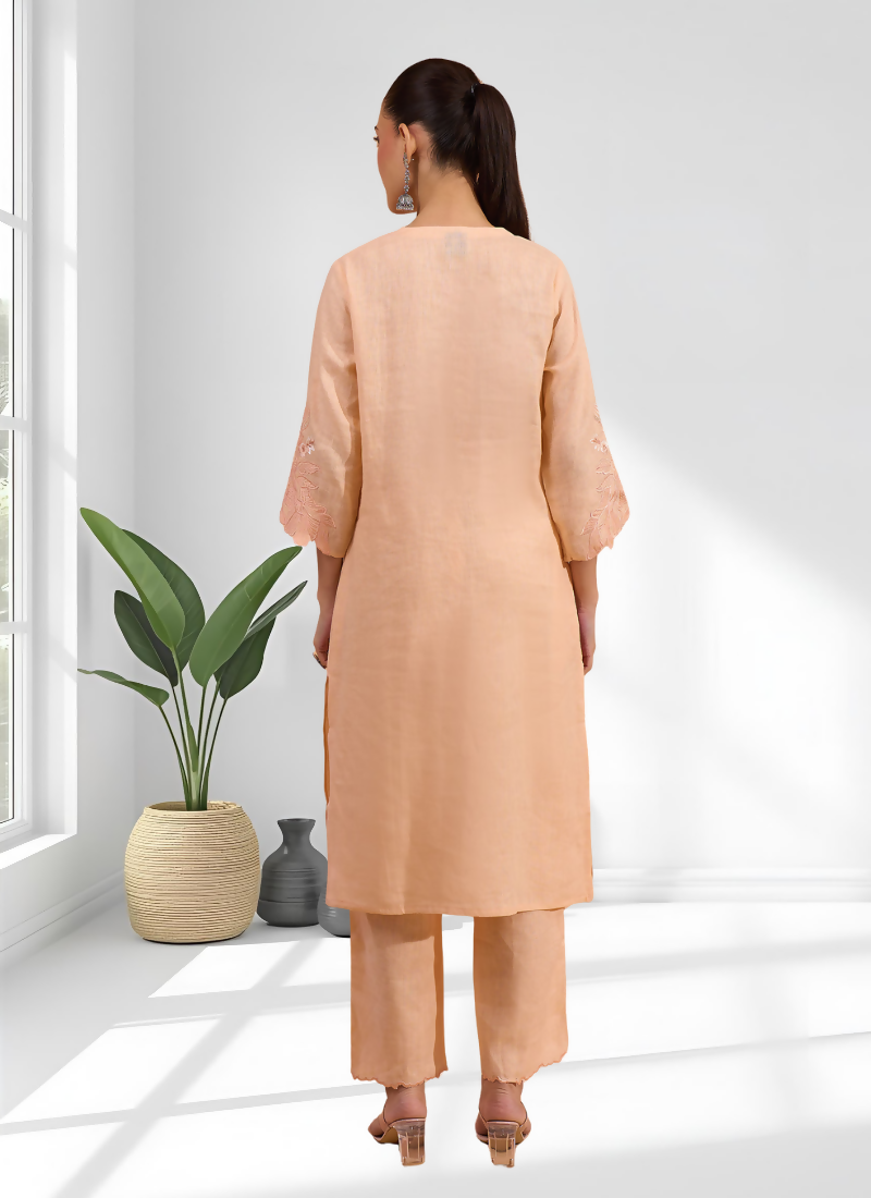 Joban Fashion Coral Linen Embroidered Readymade Long Kurta With Pant | Grocsy