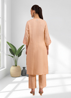 Joban Fashion Coral Linen Embroidered Readymade Long Kurta With Pant | Grocsy