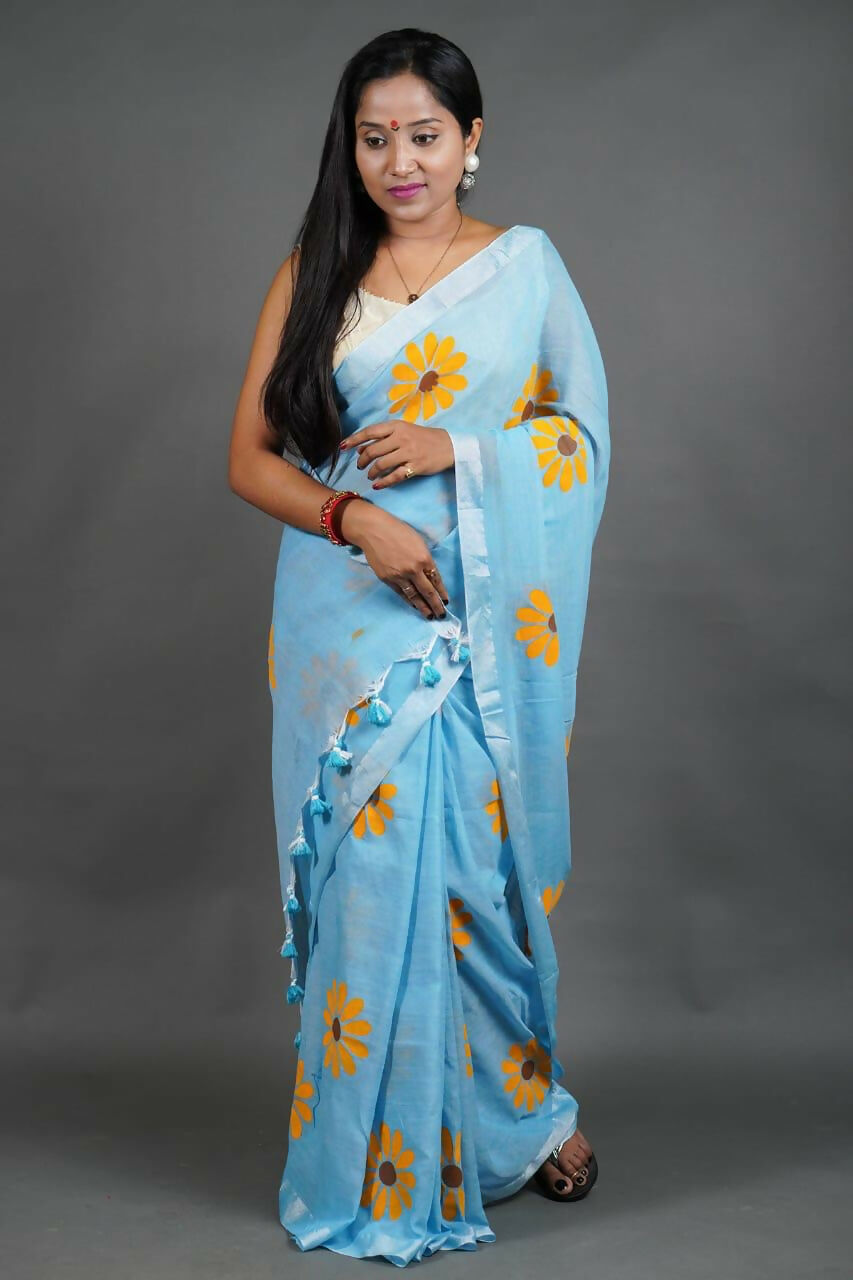 Exclusive Collection Sky Pure Cotton Saree With Sunflower Design | Grocsy