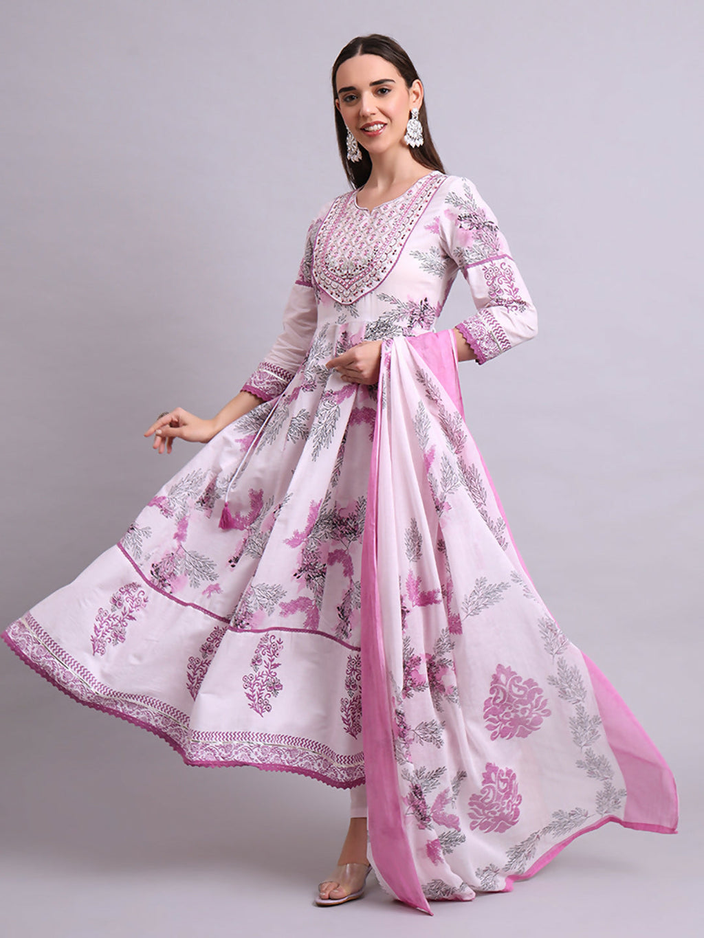 Joban Fashion Pink Cotton Floral Printed & Embroidery Work Anarkali Kurta With Trousers & Dupatta Set | Grocsy