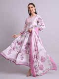 Joban Fashion Pink Cotton Floral Printed & Embroidery Work Anarkali Kurta With Trousers & Dupatta Set | Grocsy