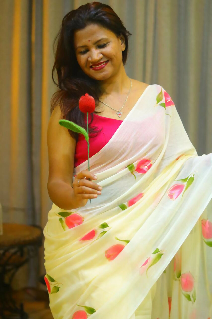 Exclusive Collection Beautiful Off White Pure Cotton Hand Print Handloom Saree With Running Blouse Piece | Grocsy
