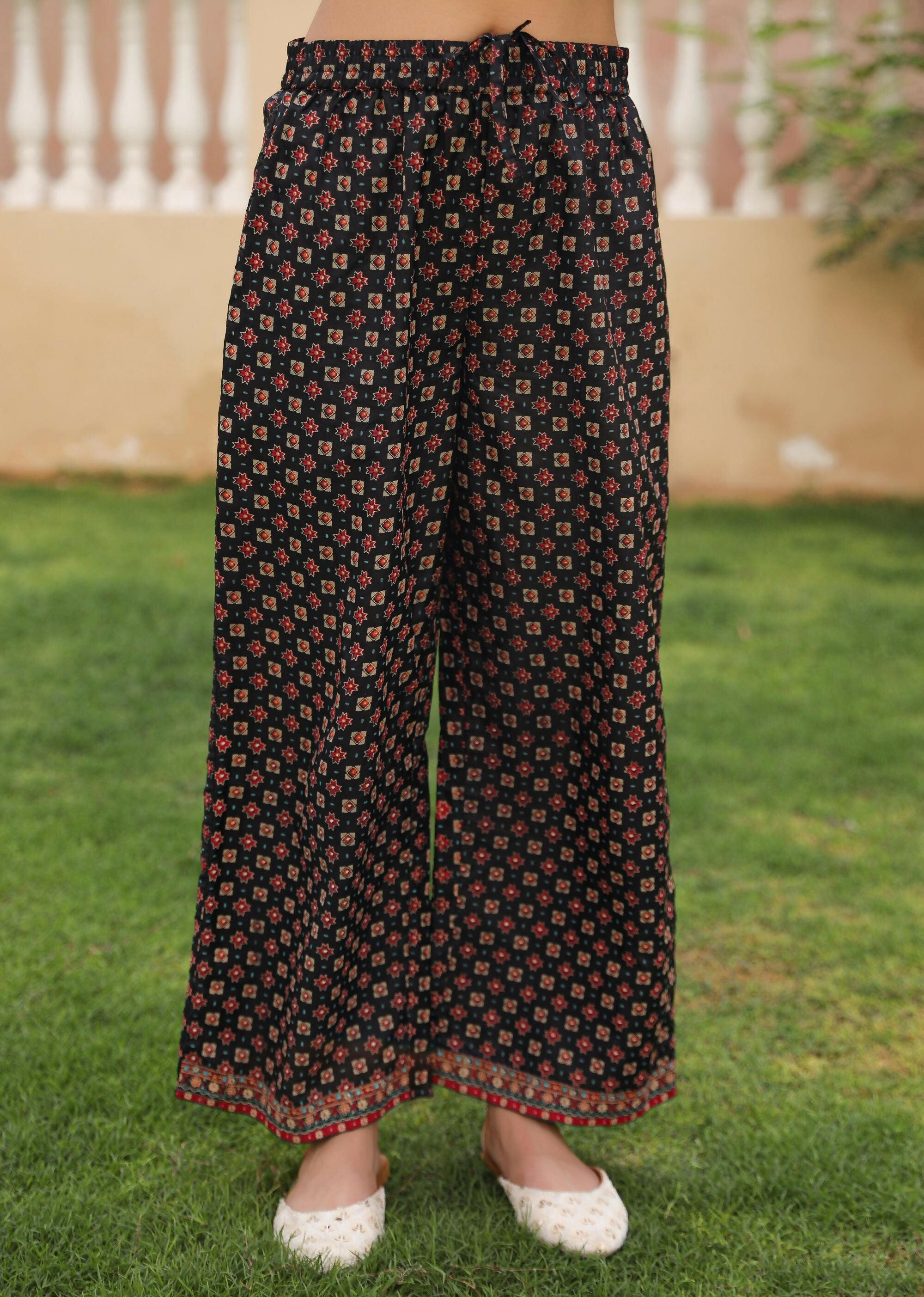 Juniper Women's Black Ethnic Motif Printed Rayon Kurta Palazzo And Dupatta With Mirror & Thread Work | Grocsy