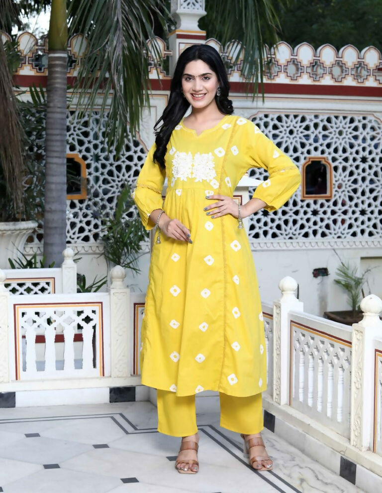 Miravan Women's Cotton Embroidered & Lace Embellished Yellow Bandhani Printed Kurta Palazzo Set | Grocsy