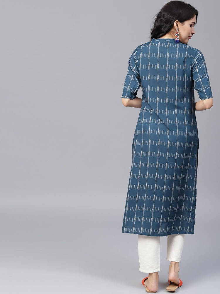 Yufta Women Navy Blue & Off-White Printed Straight Kurta | Grocsy