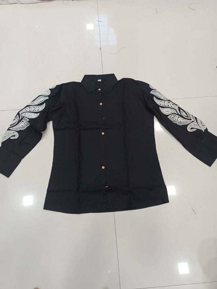Teeya Creation Women Trendy Black Cotton Button-Down Top with White Contrast Embroidered Sleeves | Grocsy
