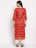 Myshka Women's Red Cotton Printed 3/4 Sleeve Square Neck Casual Kurta | Grocsy
