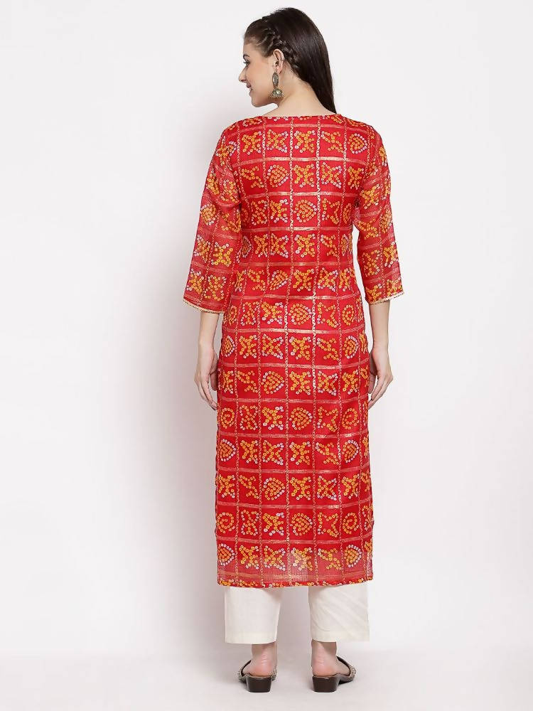 Myshka Women's Red Cotton Printed 3/4 Sleeve Square Neck Casual Kurta | Grocsy
