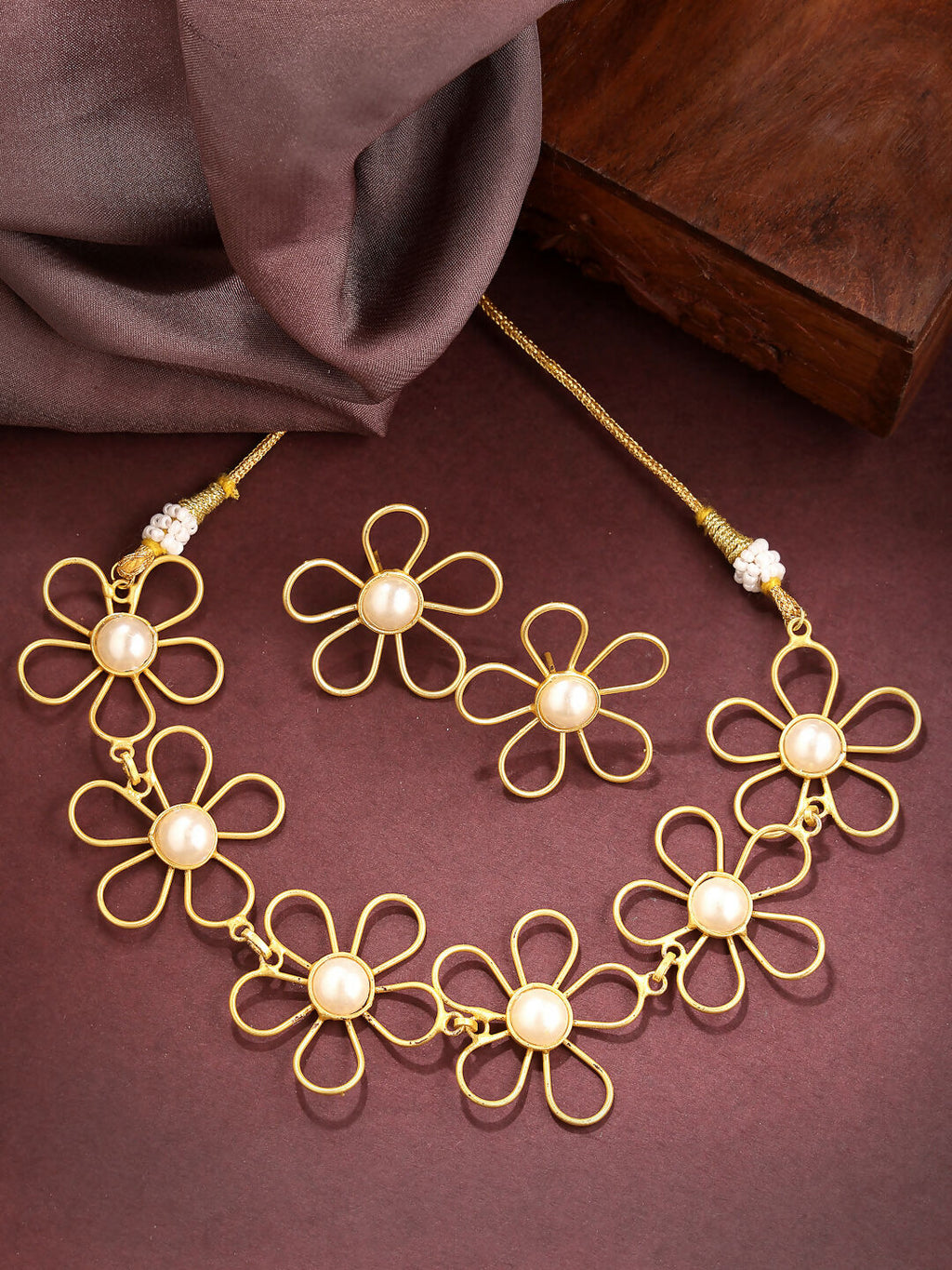 NVR Women's Gold Floral Shape Beaded Handcrafted Jewellery Set | Grocsy
