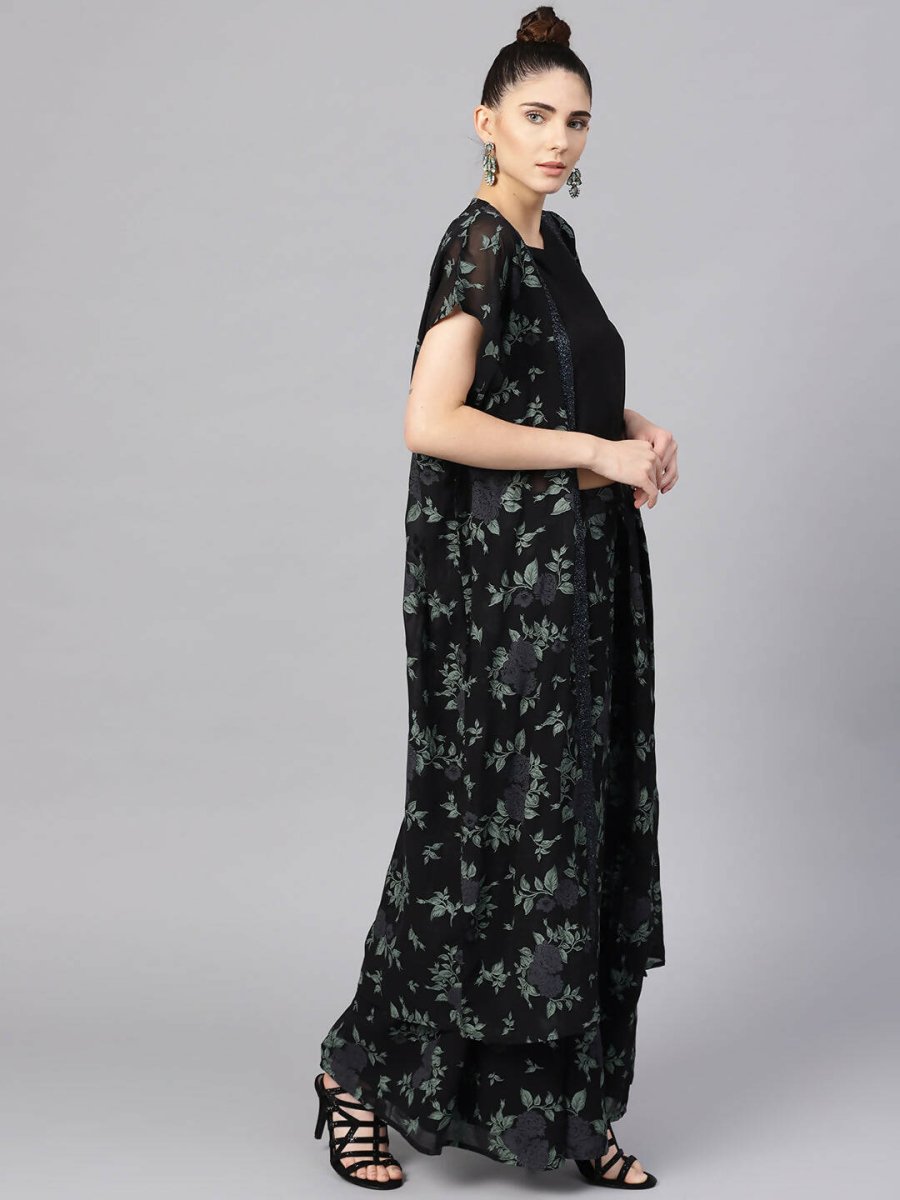 Ahalyaa Black Georgette Crepe Printed Top Palazzo Set With Jacket | Grocsy