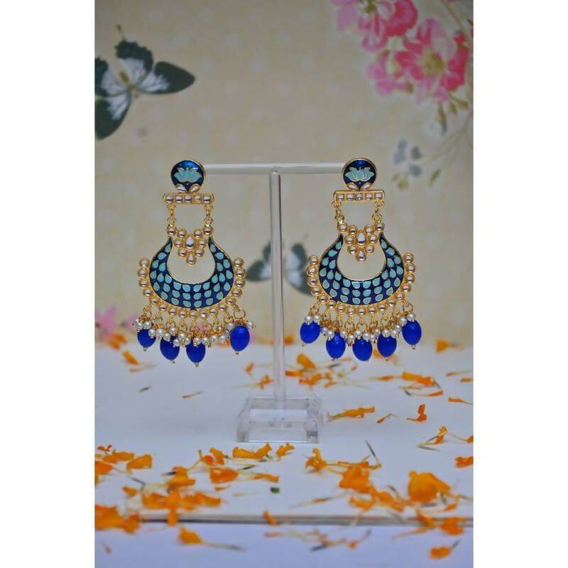 Chandbali Gold-Polished Sky Blue Drop & Dangler Earrings For Women & Girls By House of Ree - House of Ree