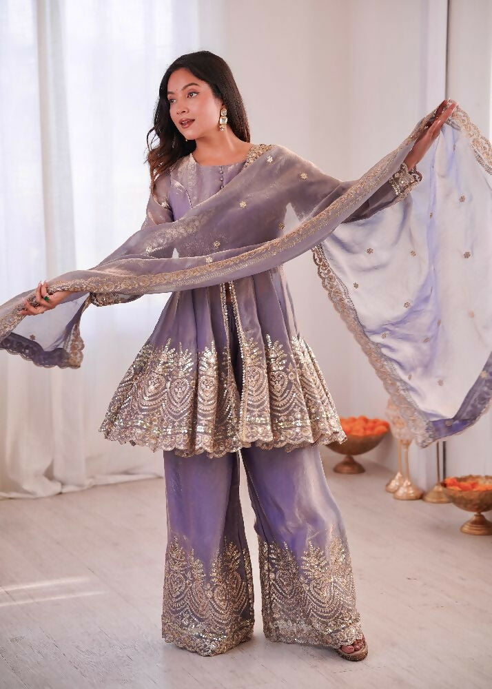Teeya Creation Lavender Color Fendy Satin Silk Embroidery Work Party Wear Salwar Suit | Grocsy