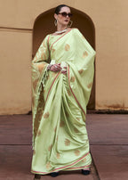 Sprout Green Pure Satin Zari Weaving Wedding Festive Saree - Emponline | Grocsy