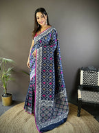 Joban Fashion Royal Blue Jacquard Woven Pattern Lichi Soft Silk Banarasi Saree | Grocsy