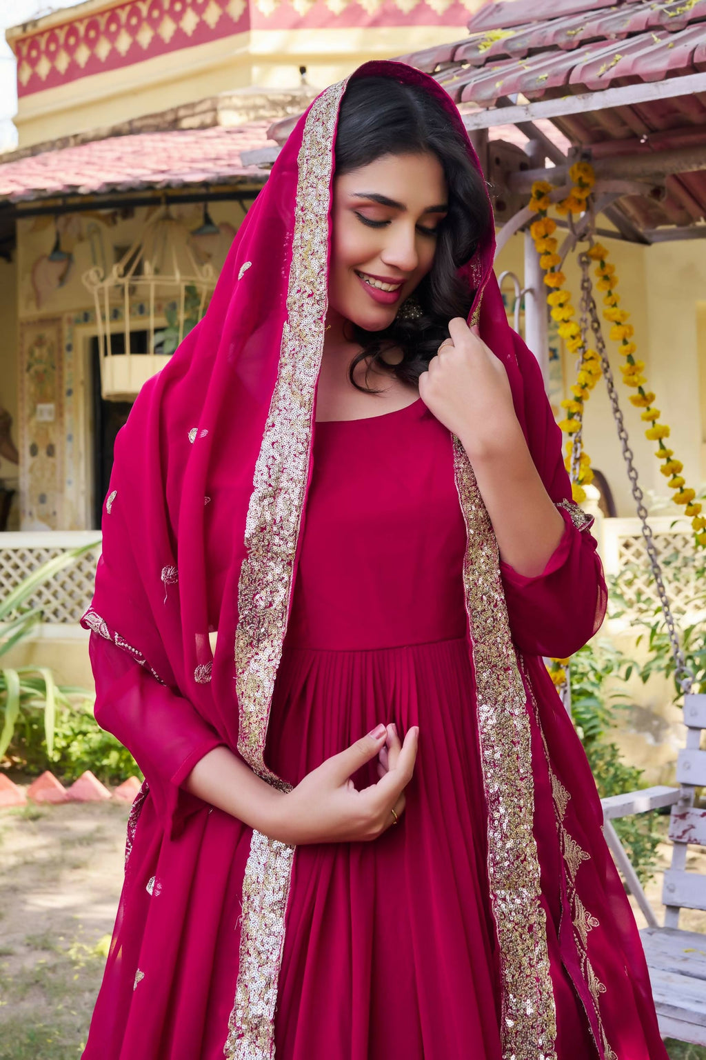 Teeya Creation Womens New Stylish Heavy Sequence Embroidery Work Pink Gown Set | Grocsy
