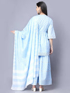 Myshka Cotton Printed 3/4 Sleeve V Neck Turquoise Blue Women Sharara Set | Grocsy