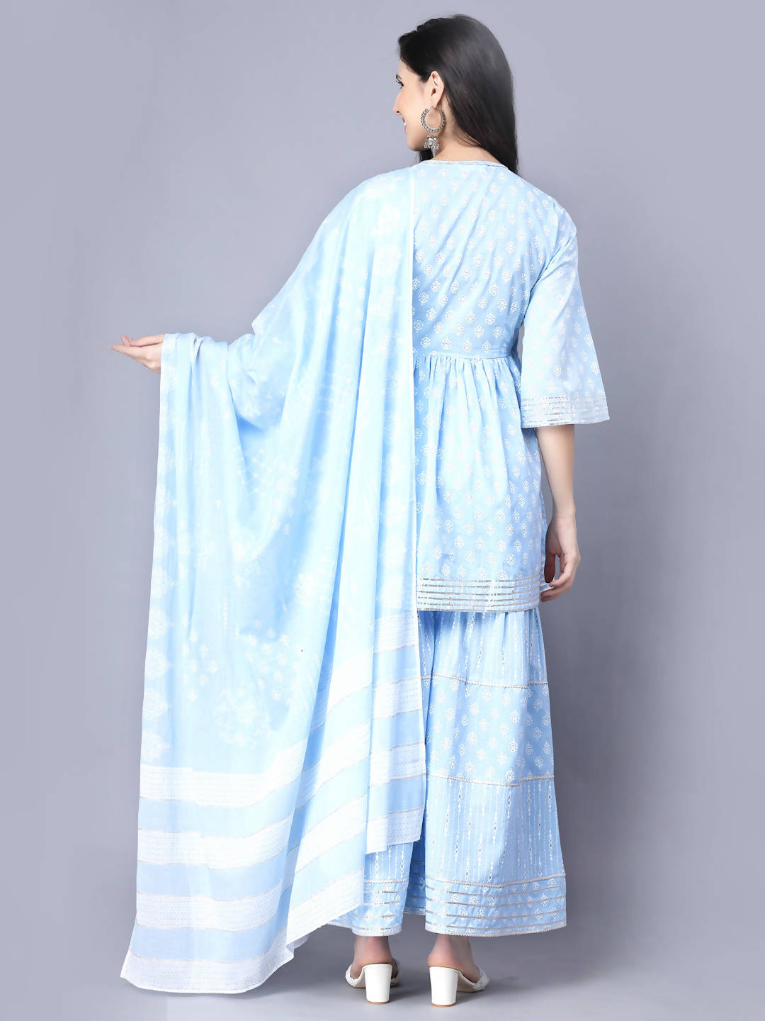 Myshka Cotton Printed 3/4 Sleeve V Neck Turquoise Blue Women Sharara Set | Grocsy