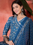 Joban Fashion Printed Blue Pure Cotton Kurta Set | Grocsy