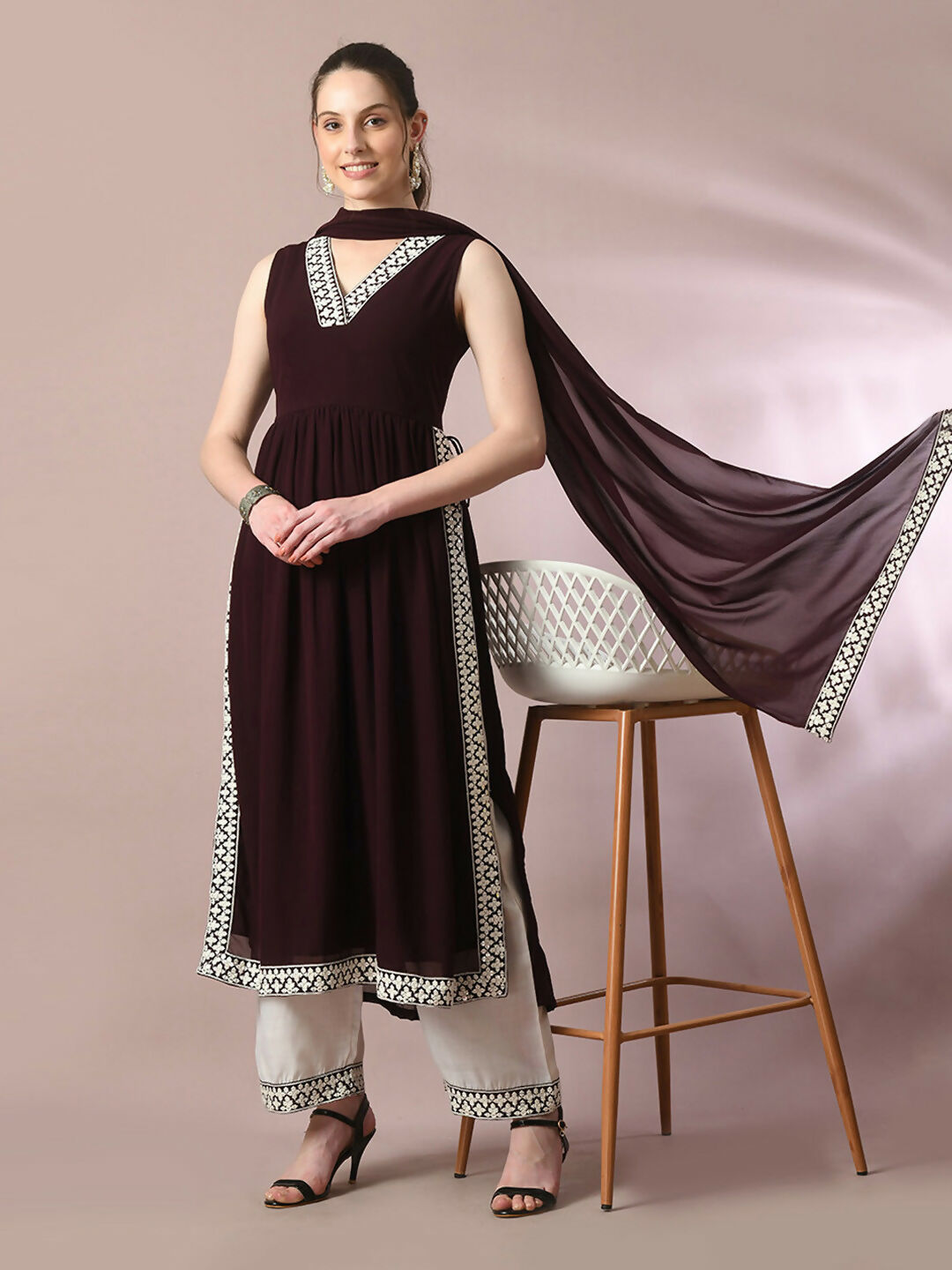 Myshka Women's Coffee Brown Solid Georgette Anarkali Party Kurta Set With Dupatta | Grocsy