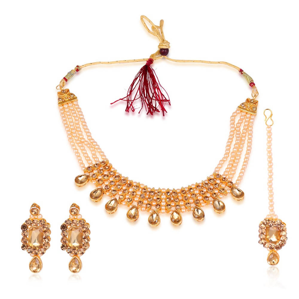 Tehzeeb Creations Golden Plated Necklace With Stone And Pearl Studded | Grocsy