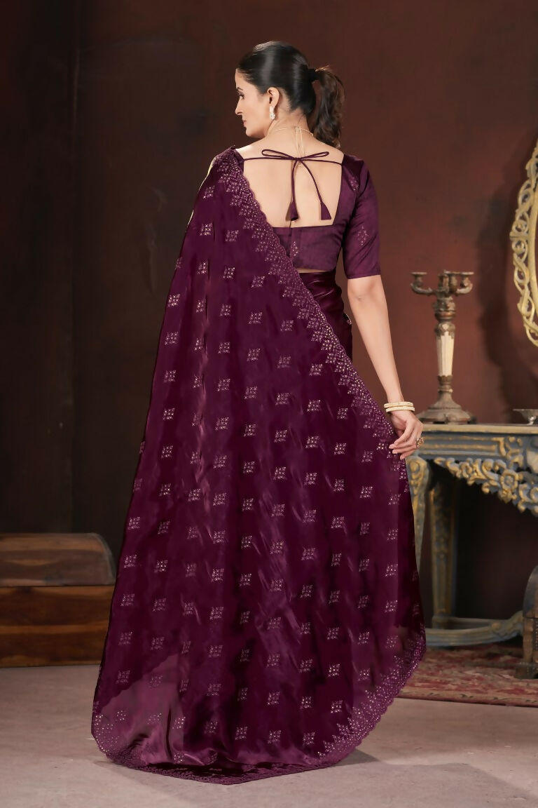 Vastranavya Wine Jimmy Choo Silk 3mm Sequence work with Cross Stitch Embroidery work & Cutwork Border Saree | Grocsy