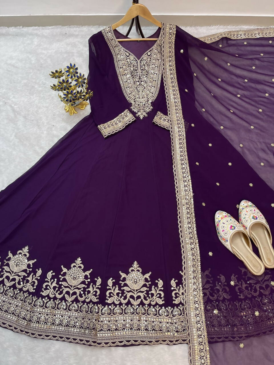 Teeya Creation Wine Color Faux Georgette Embroidery Work Long Party Wear Gown | Grocsy