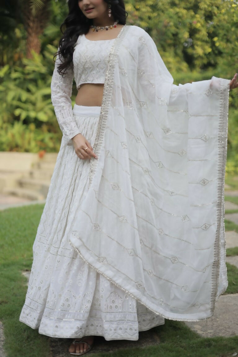 Vastranavya Faux Georgette With Sequins & Thread Embroidered Work Lehenga Choli - White | Grocsy
