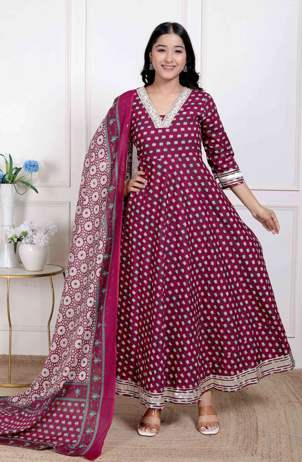 Miravan Women's Maroon embroidered Anarkali Kurta and Dupatta | Grocsy