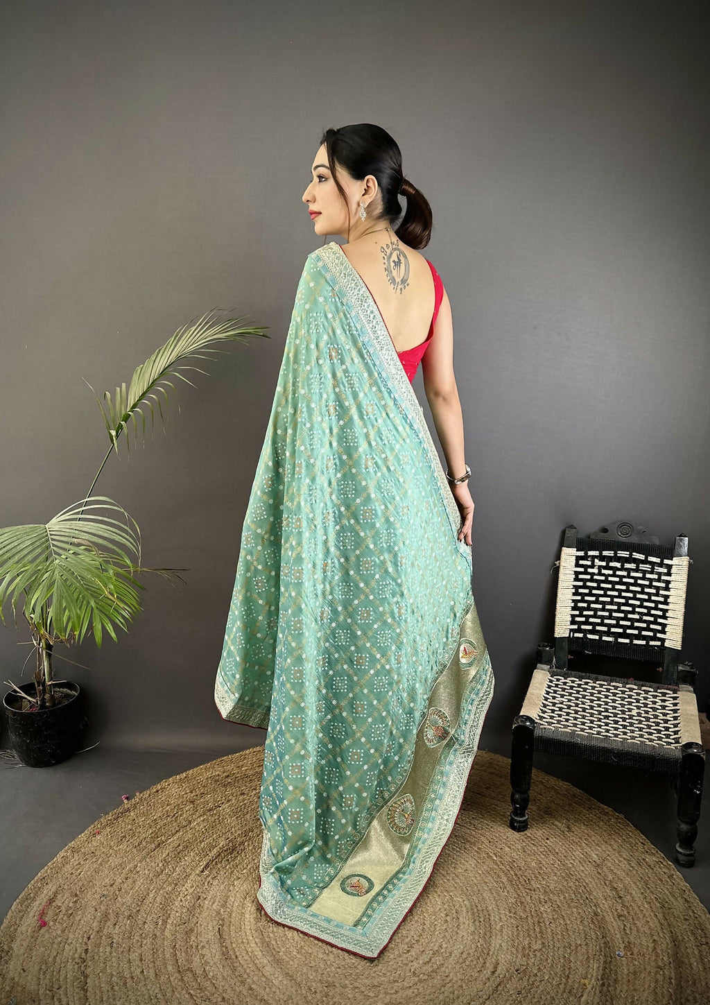 Joban Fashion Sea Green Bandhej Bandhani Vichitra Silk Bandhani Prints Saree | Grocsy