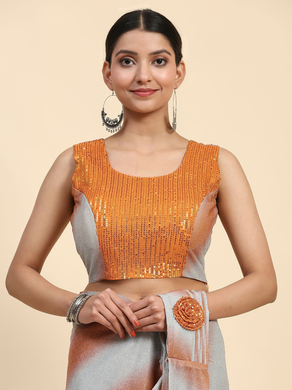 Orange Polyester Solid Ready to Wear Saree with stitched Blouse - Aayan | Grocsy