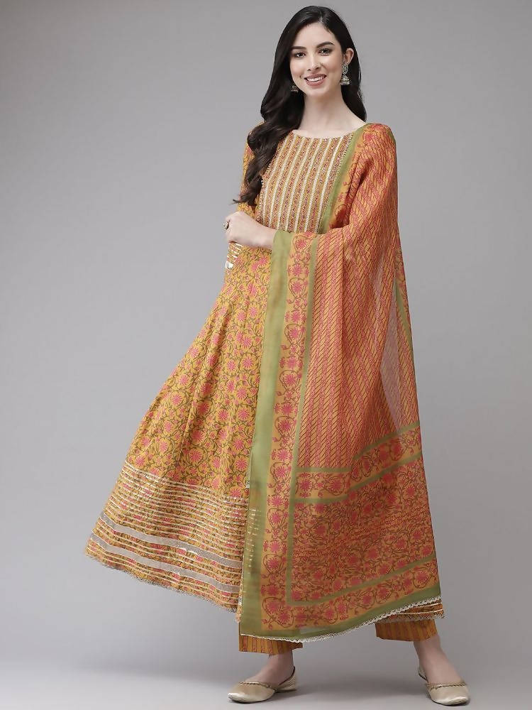 Yufta Yellow Printed kurta with Trouser Dupatta Set | Grocsy