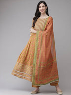 Yufta Yellow Printed kurta with Trouser Dupatta Set | Grocsy