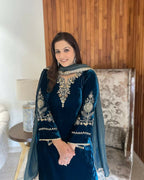 Vastranavya Teal Velvet Cording Sequence Embroidery Work Suit With Dupatta | Grocsy