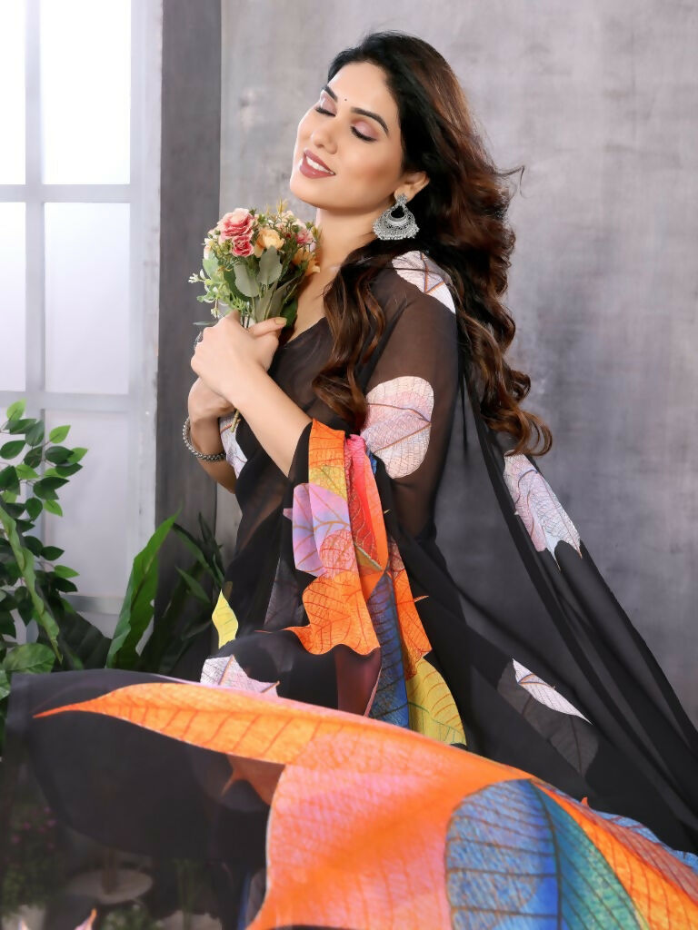 Partywear Designer Black Georgette Fancy Saree - Satrangi | Grocsy