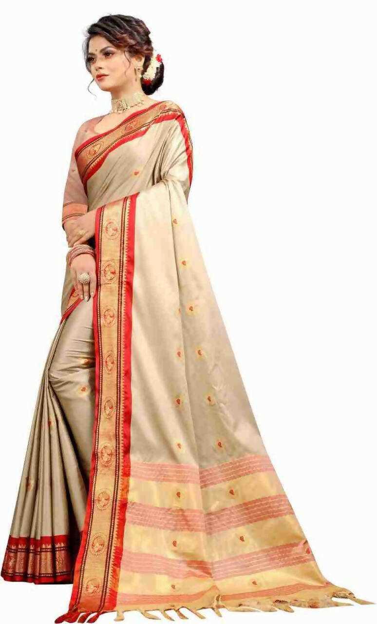 DEIANA'S Beautiful Designer Golden zari Soft Lichi Silk Saree - Cream | Grocsy