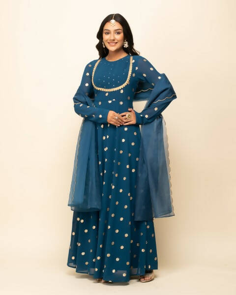 FIORRA Women's Teal Blue Georgette Anarkali Kurta With Dupatta | Grocsy