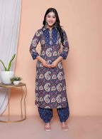 Miravan Womens Cotton Floral Printed Shirt-Collar Straight Kurta And Palazzo Set | Grocsy