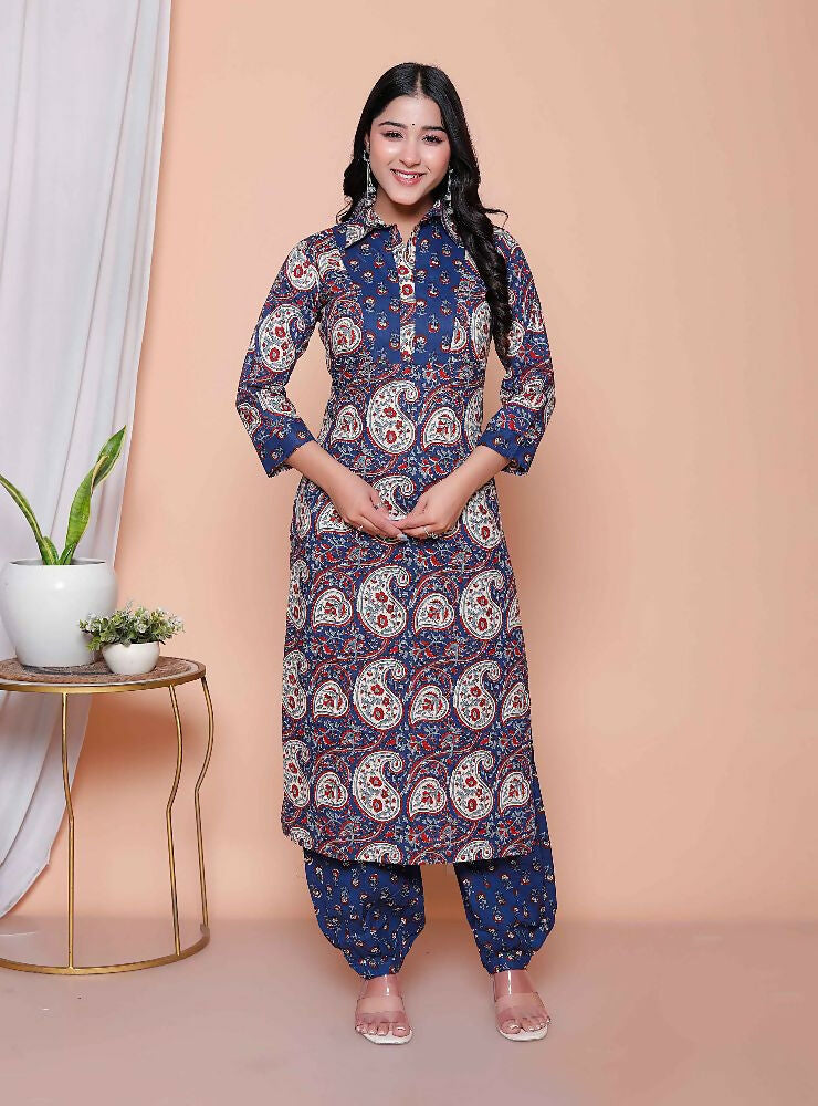 Miravan Womens Cotton Floral Printed Shirt-Collar Straight Kurta And Palazzo Set | Grocsy