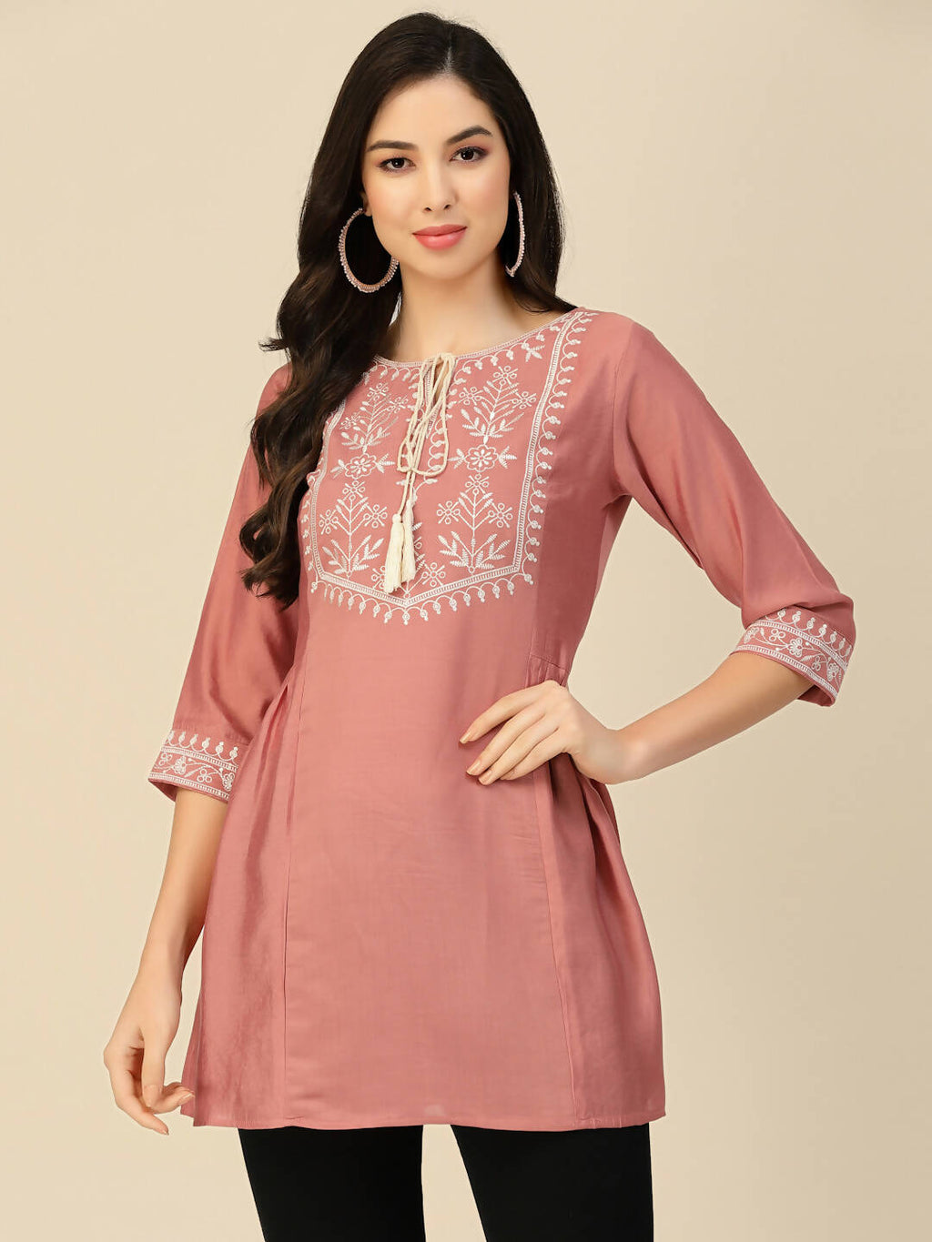Peach Chinon Slub Floral Embroidered Top - Zeny | Grocsy