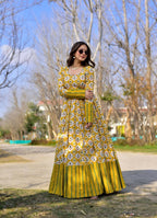 Jyoti Fashion Women's Mustard Heavy Digital Printed Cotton Silk Anarkali Dress | Grocsy